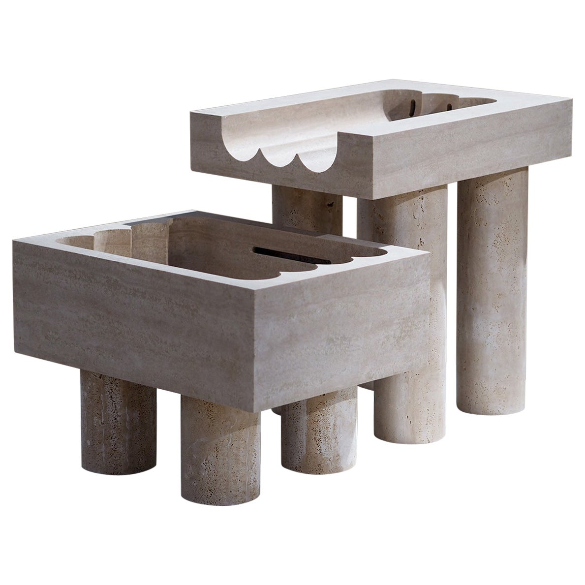 Monolithic Font - Two part fountain carved from Roman Travertine For Sale