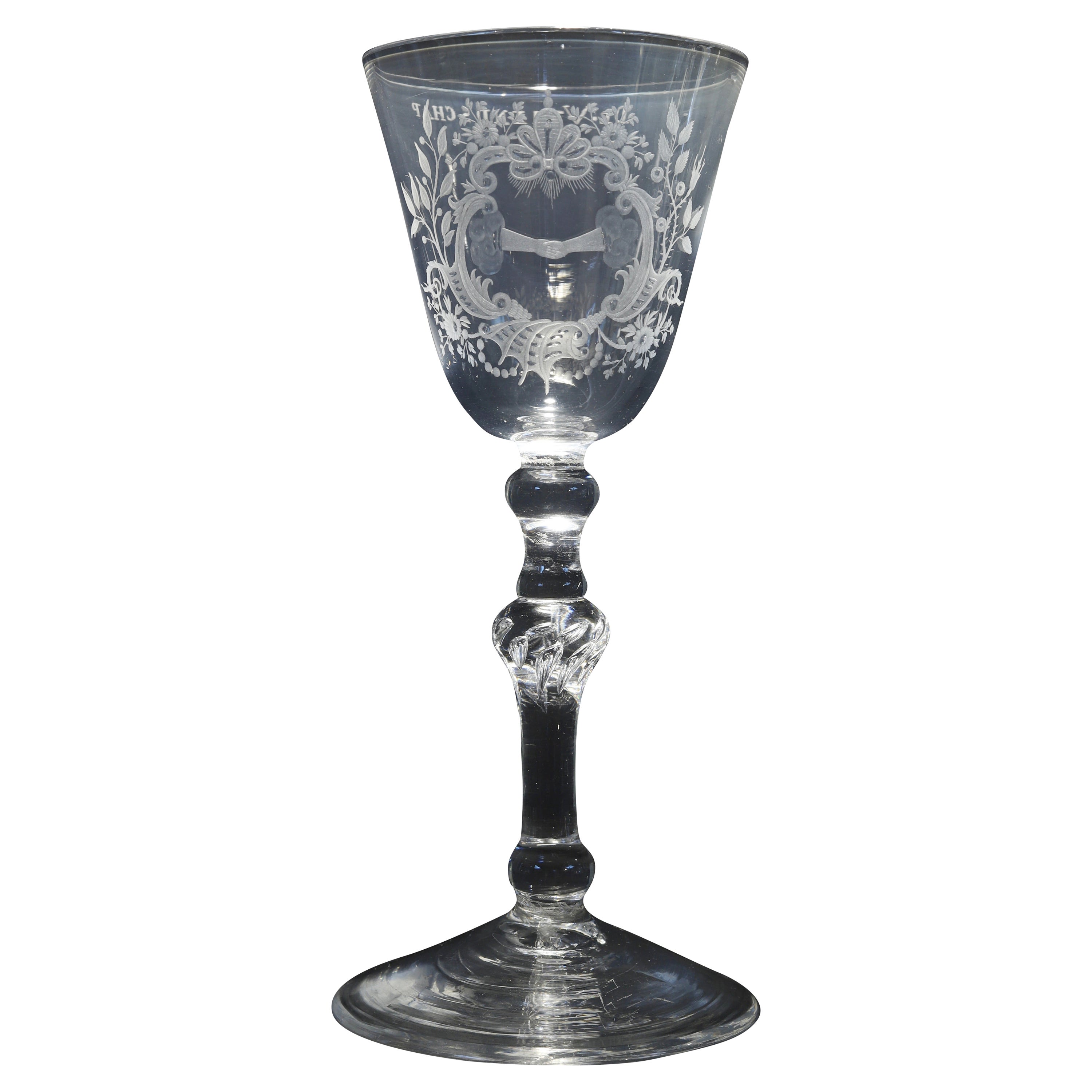 A Dutch Engraved Baluster Friendship Wine Glass, Mid 18th Century For Sale