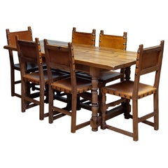Antique Swedish Folk Art Farm County Dining Table In Pine. Six Chairs In Leather
