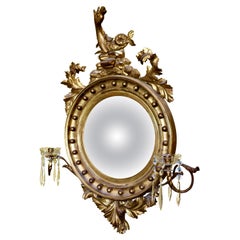 Antique A Large Regency Convex Gilt Girandole Wall Mirror    