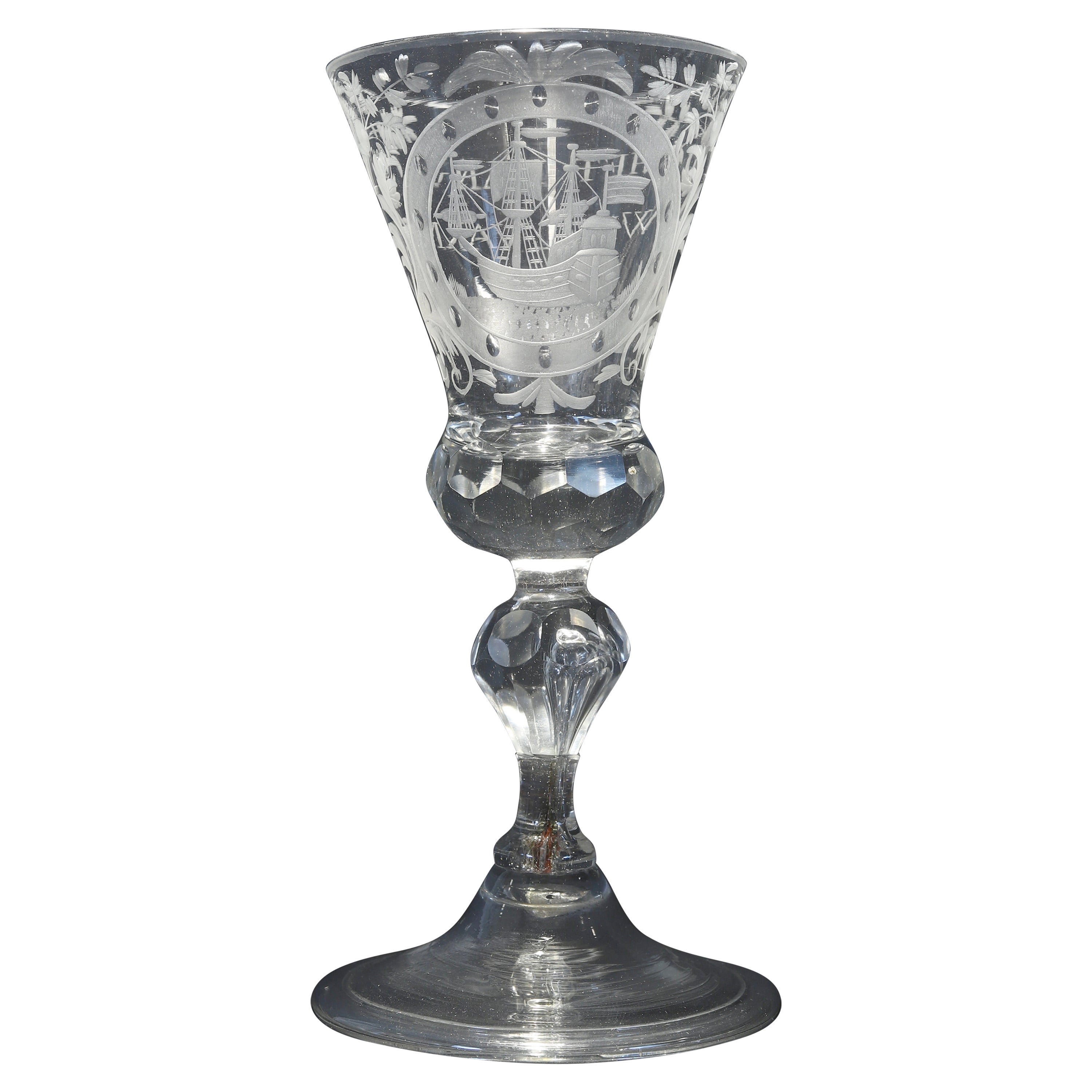 A Dutch Engraved Prosperity of the Trade Wine Glass, Mid 18th Century For Sale