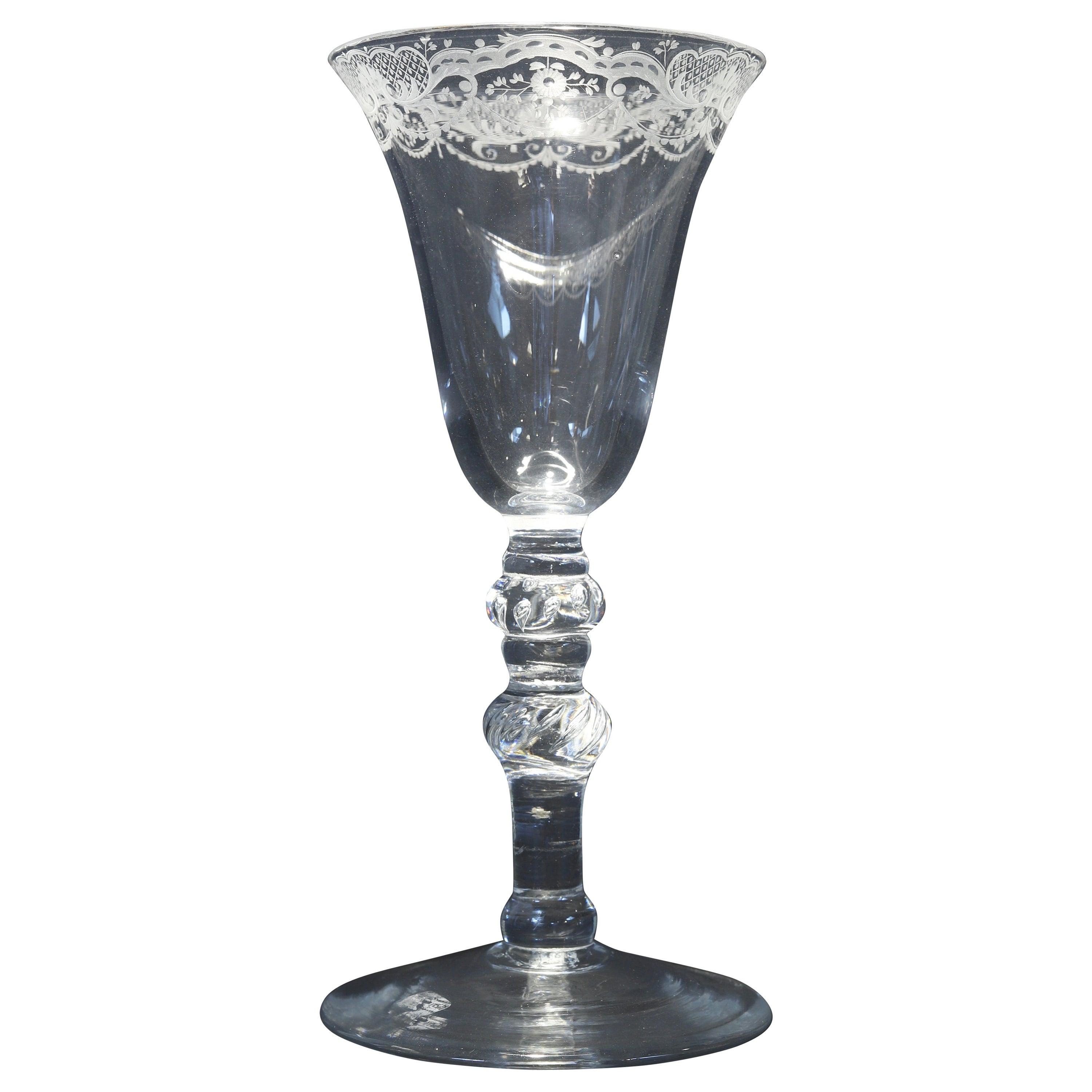 A Dutch Engraved Baluster Wine Glass, Mid 18th Century For Sale