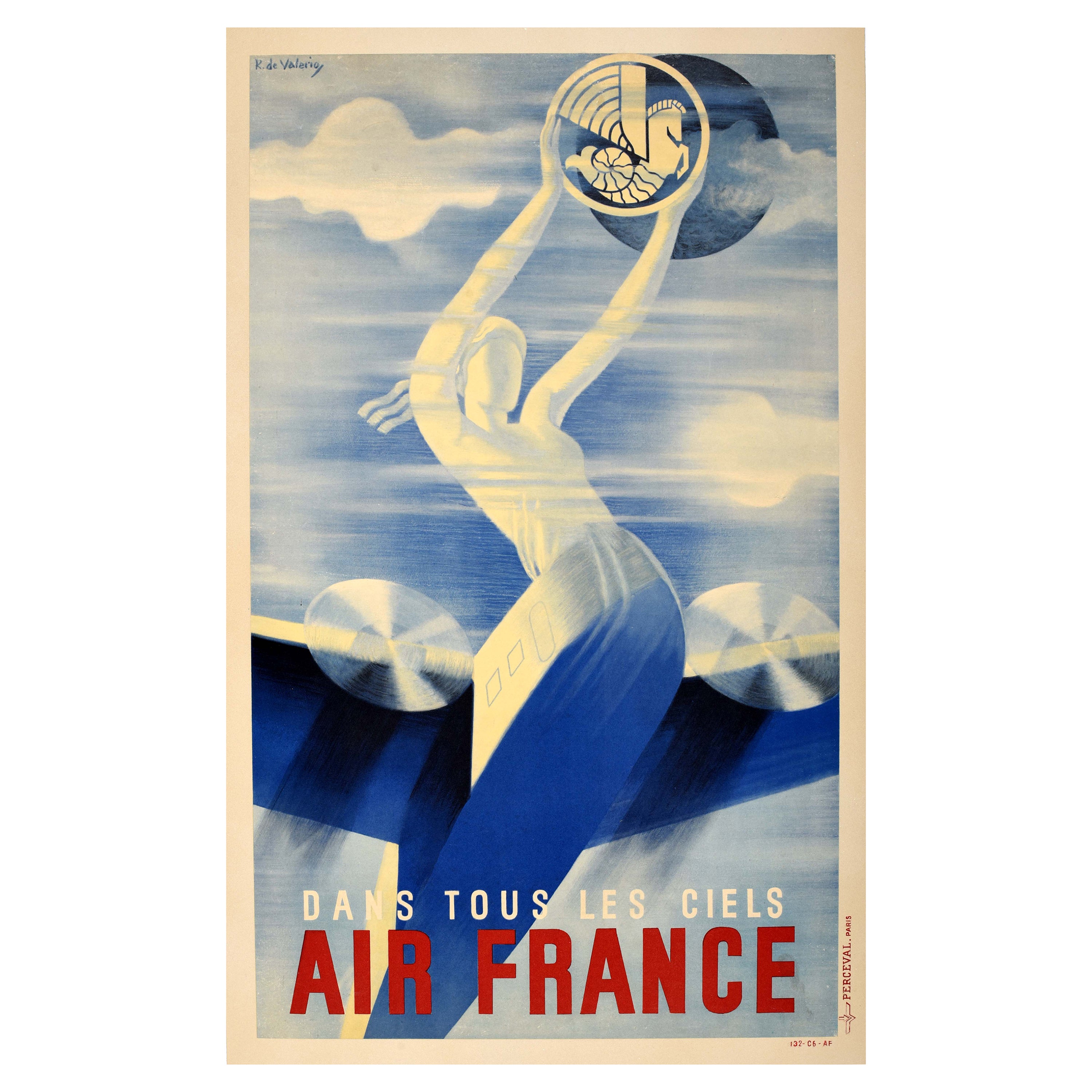 Cartel de viaje original de época Air France En todos los cielos Art Déco Valerio Airways en venta