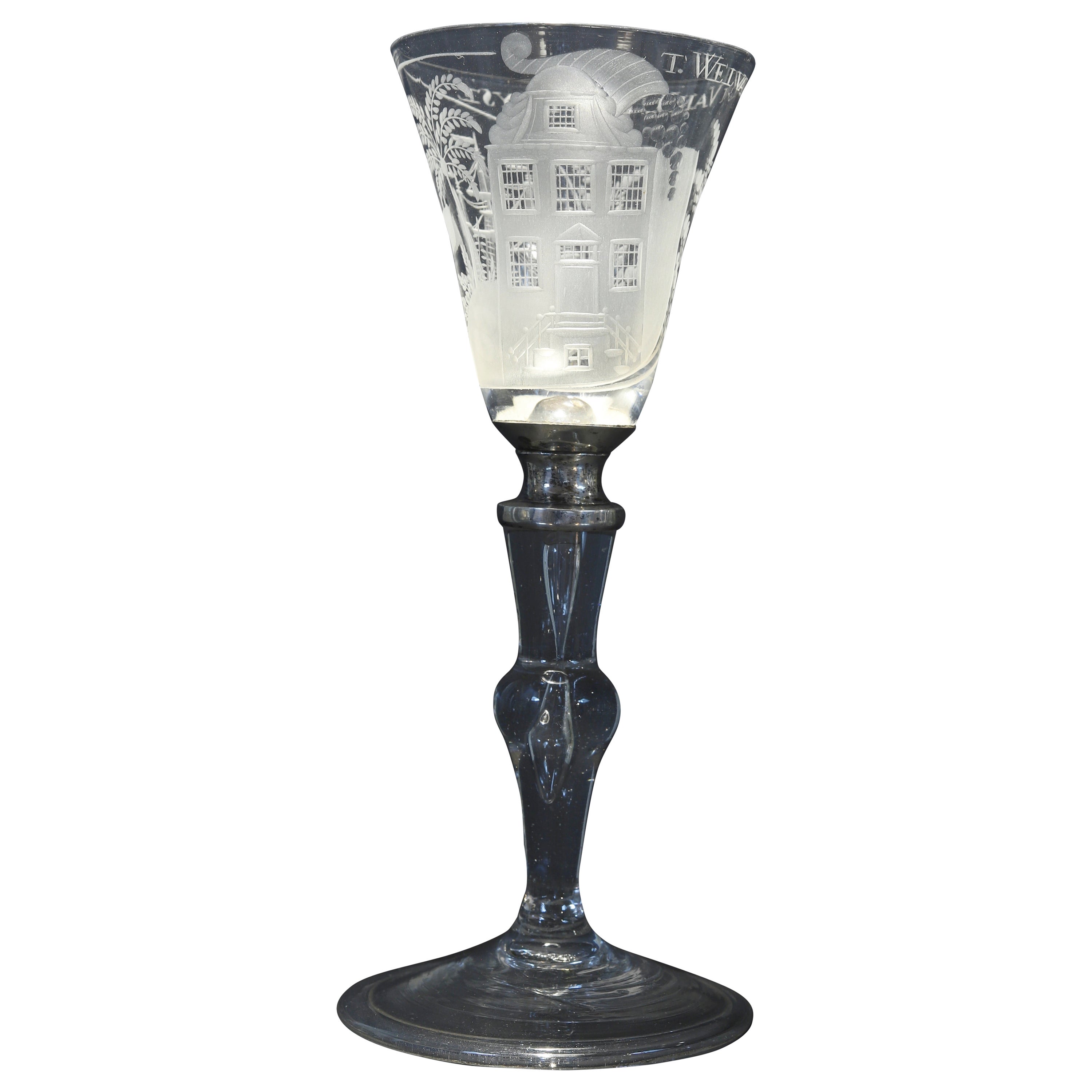 A Dutch Engraved Baluster, Prosperity of This House, Wine Glass, 18th Century For Sale