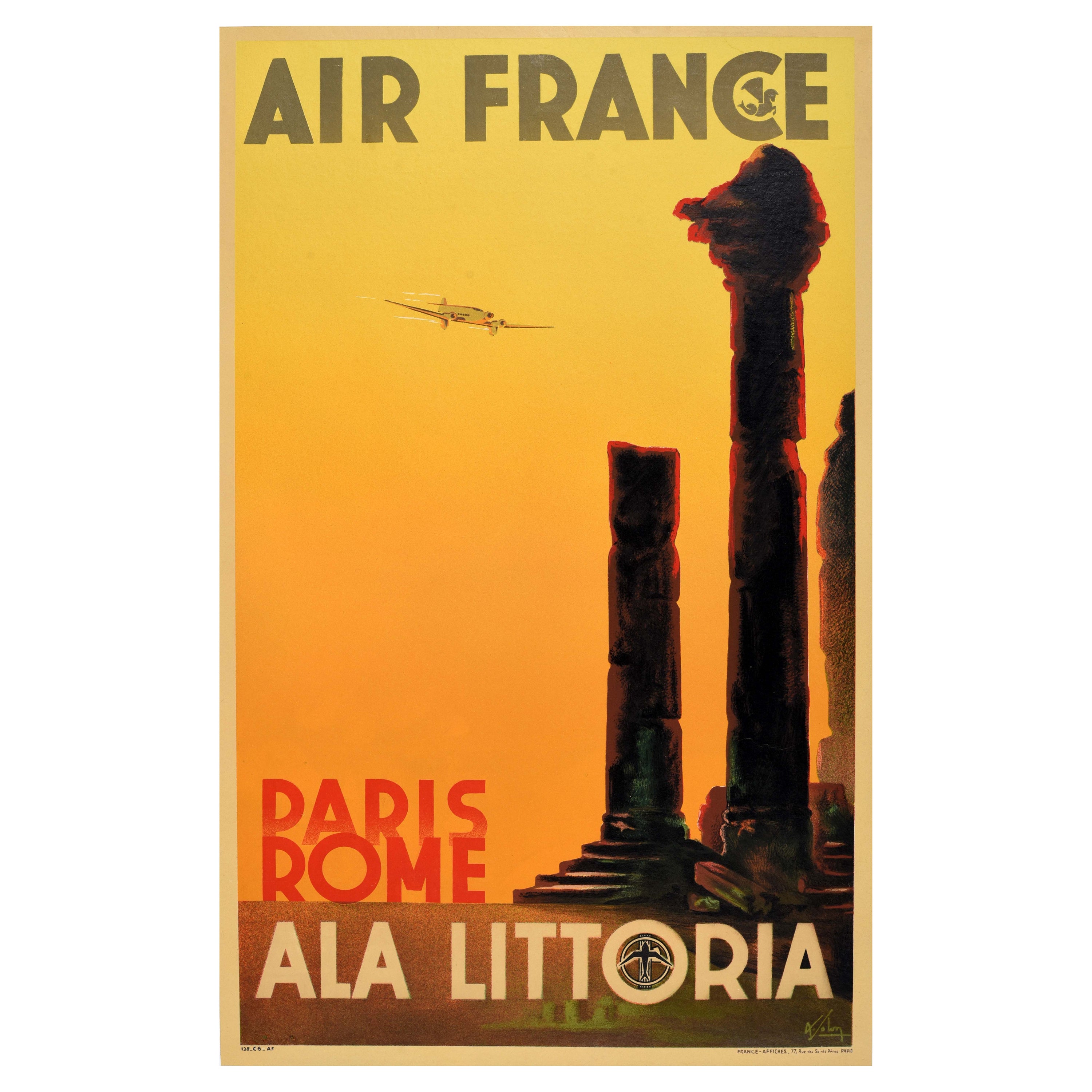 Original Vintage Travel Poster Air France Paris Rome Ala Littoria Albert Solon