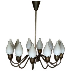 Vintage Fog & Mørup "Tulip" Chandelier 12 Lights in Brass and Milk Glass, Denmark, 1950s