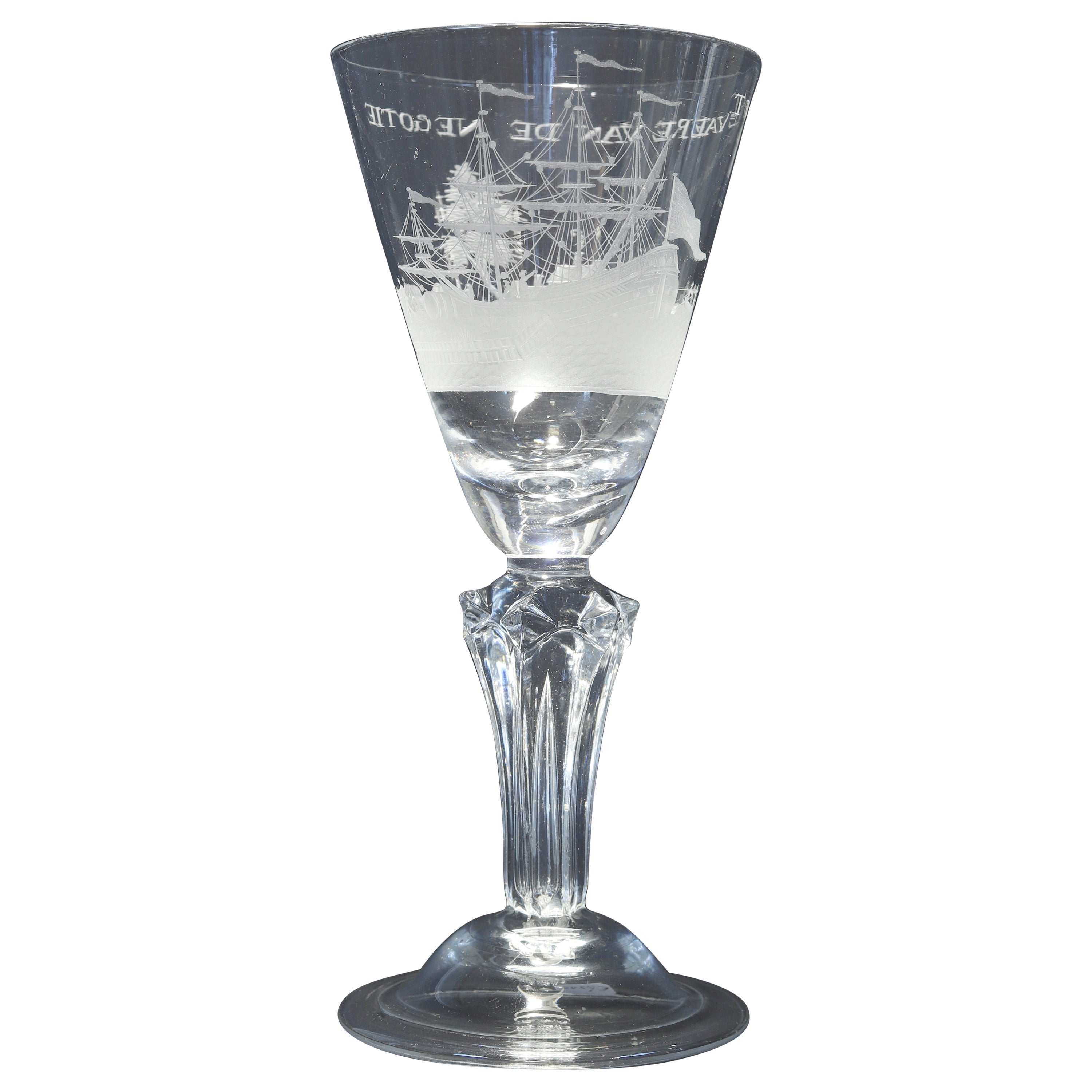 A Dutch Engraved, Prosperity of the Trade, Wine Glass, Early 18th Century For Sale