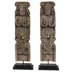 Pair of French 17th Century Weathered Oak Renaissance Ornaments