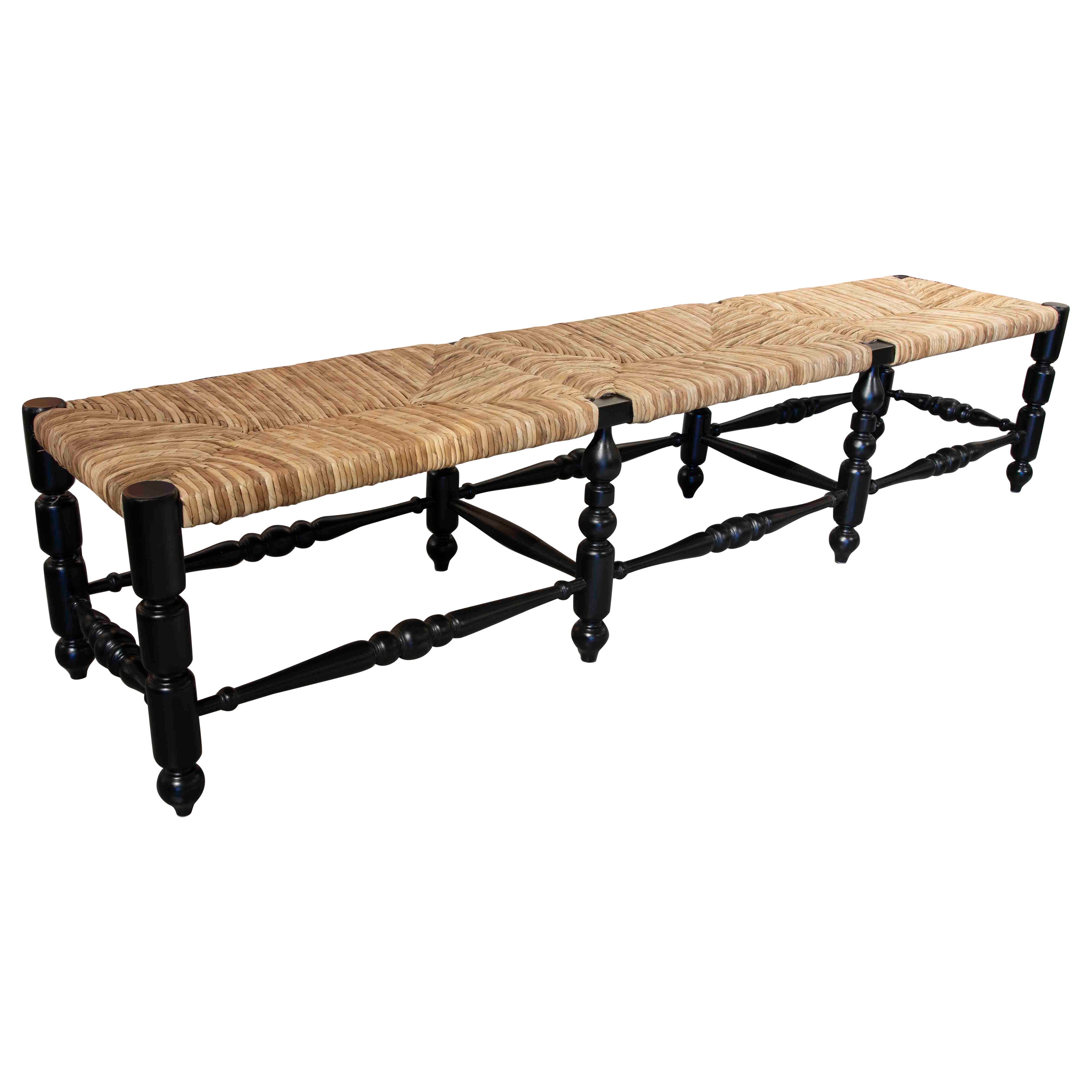 Wooden Bench Painted Black with Natural Rope Stitched Top For Sale