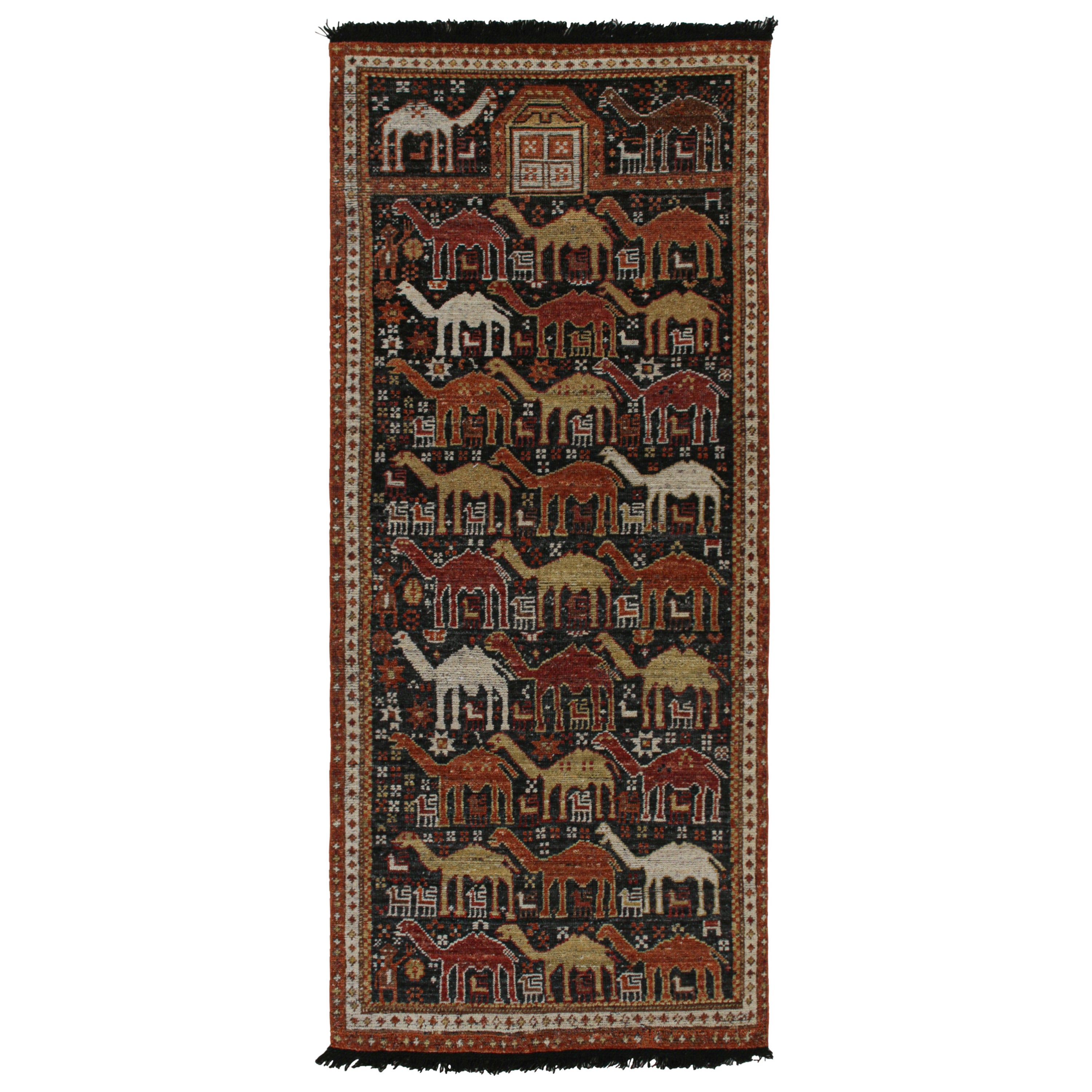 Rug & Kilim’s Tribal style runner in Black with Red, Gold-Brown Pictorials For Sale