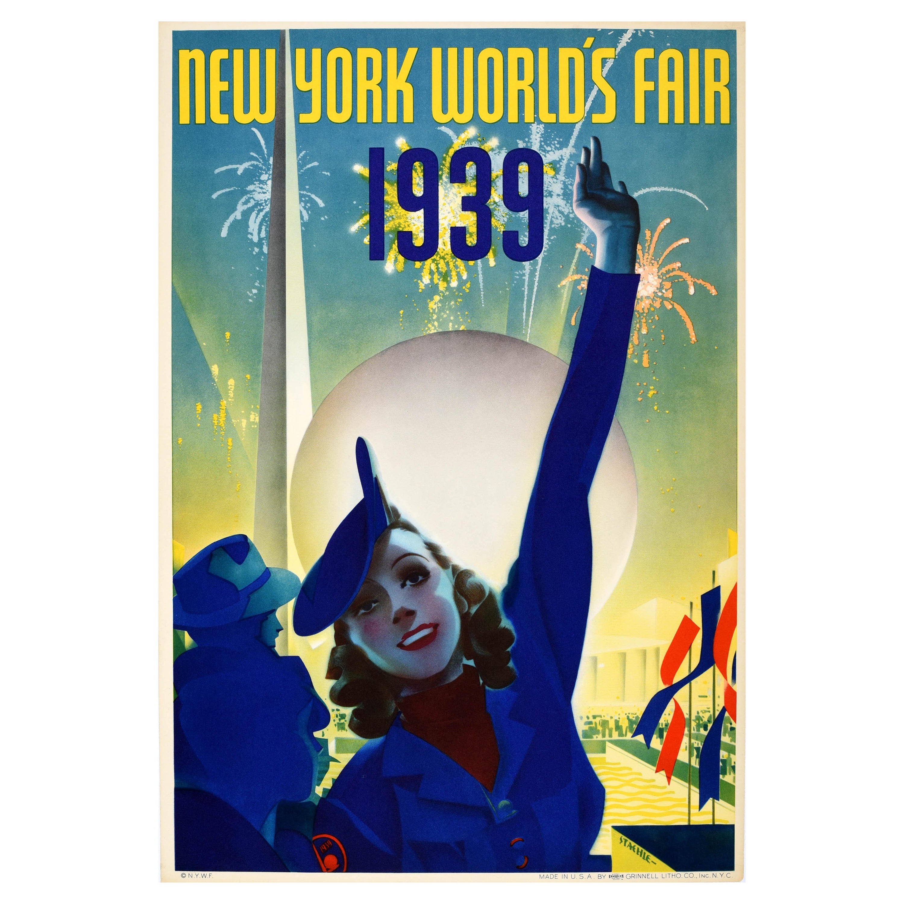 Affiche rétro originale de l'exposition universelle de New York de 1939, Fireworks Art Deco, Staehle, États-Unis