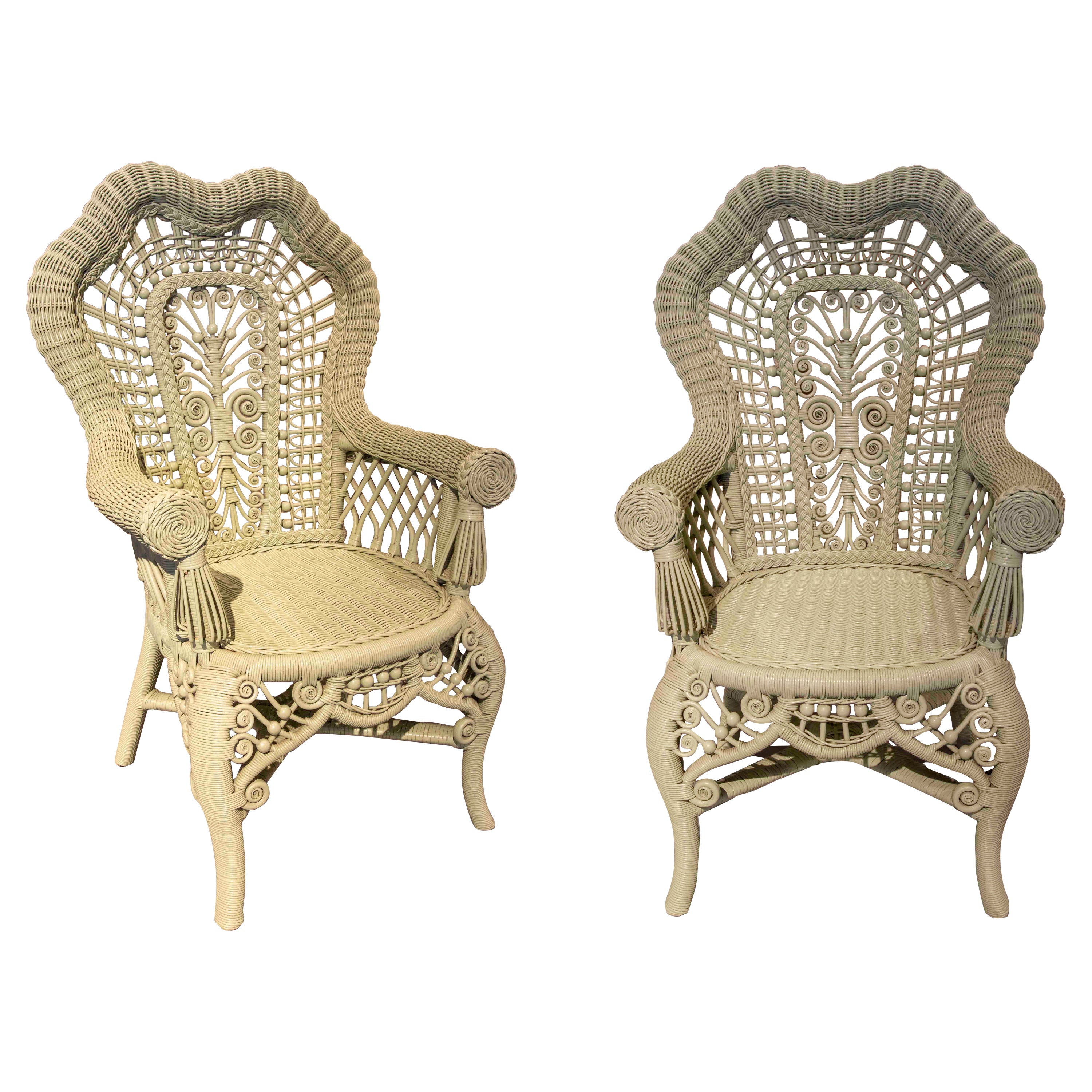 Pair of Wicker and Wooden Armchairs Painted in Green  For Sale
