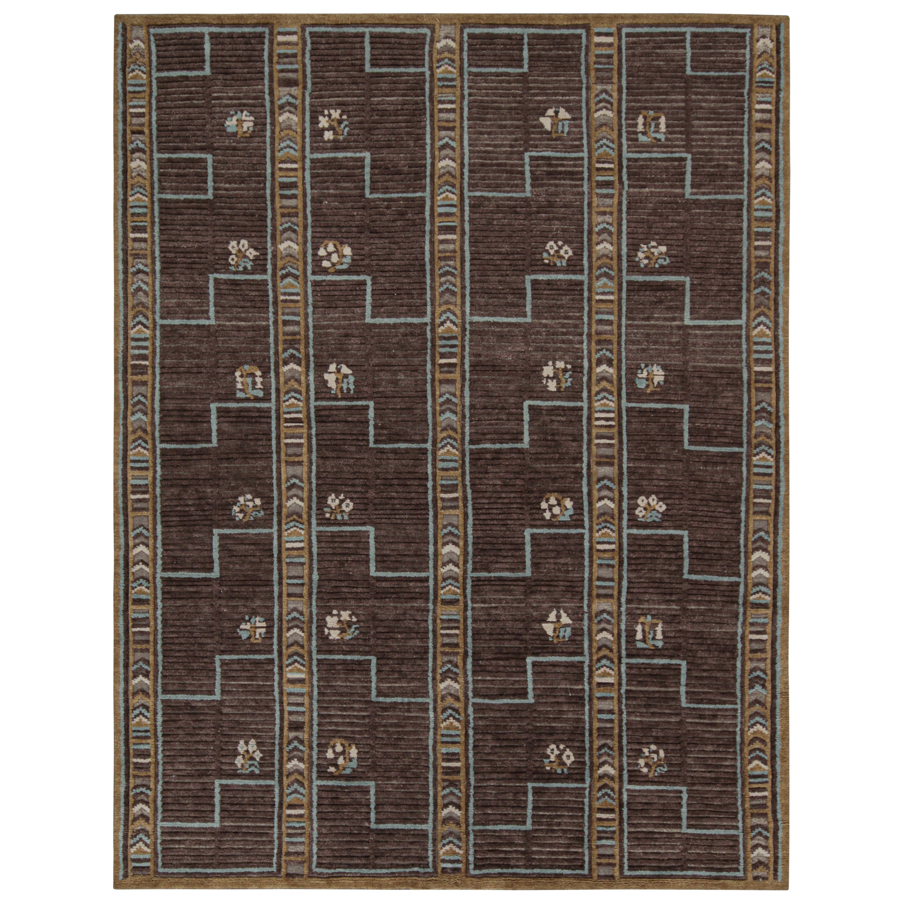 Rug & Kilim’s Scandinavian Style Rug in Brown, Blue & Gold Patterns For Sale