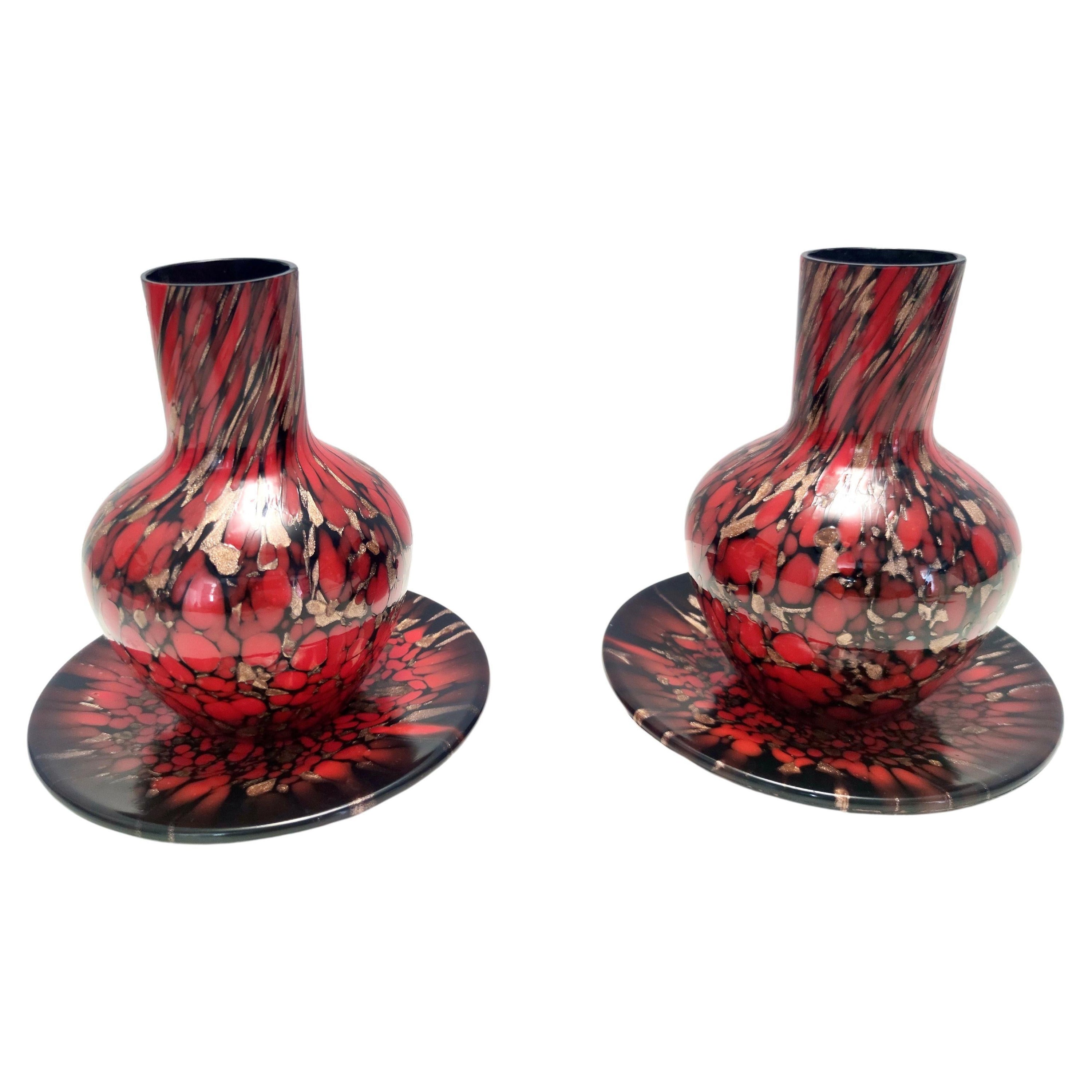 Black and Red Murano Glass Vases by Vincenzo Nason with Bronze Aventurine Glass For Sale