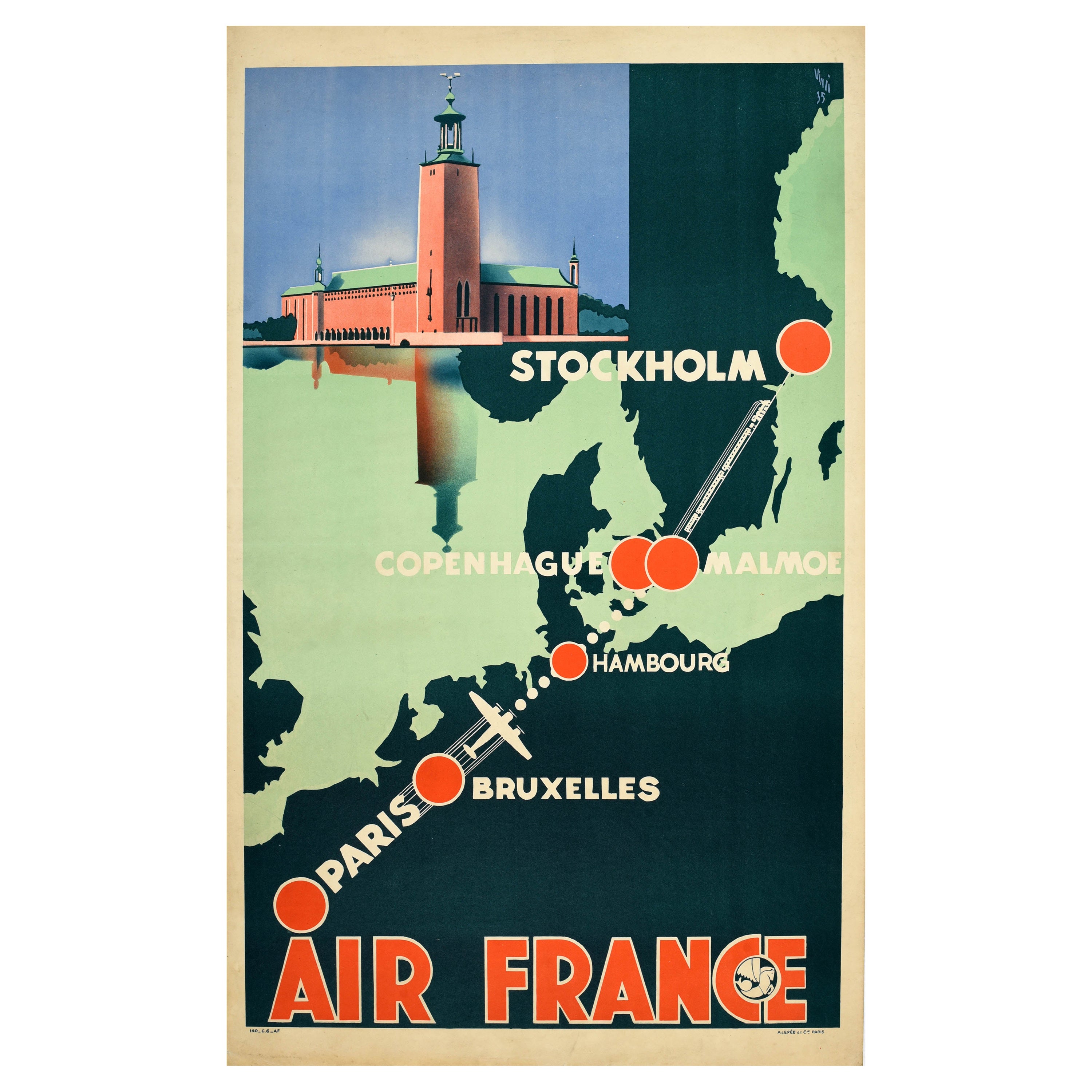 Original Vintage Travel Poster Air France Stockholm Paris Art Deco Scandinavia For Sale
