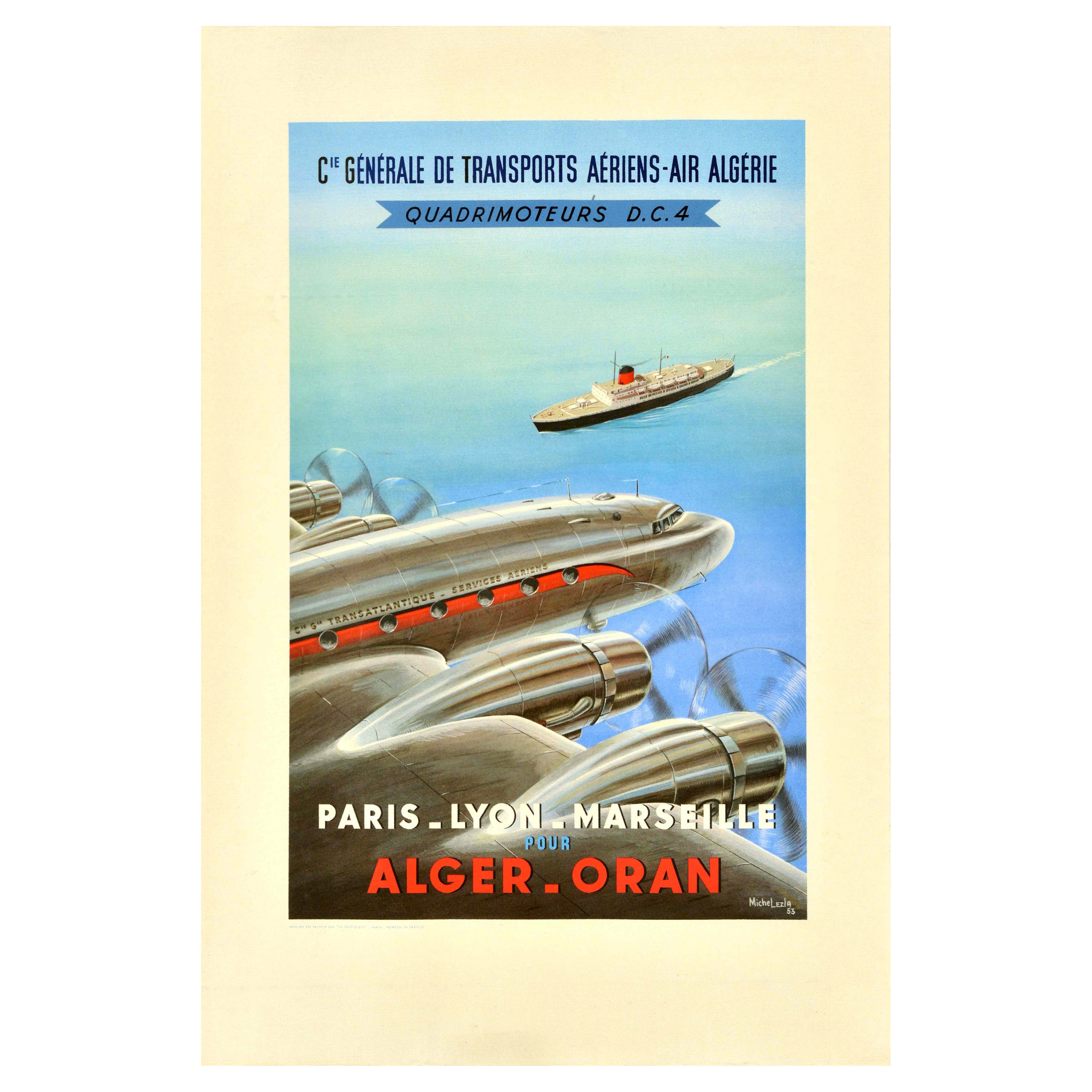 Affiche de voyage originale d'Alger Oran Air Algerian Airways, Douglas DC-4 en vente