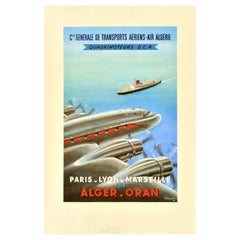 Affiche de voyage originale d'Alger Oran Air Algerian Airways, Douglas DC-4
