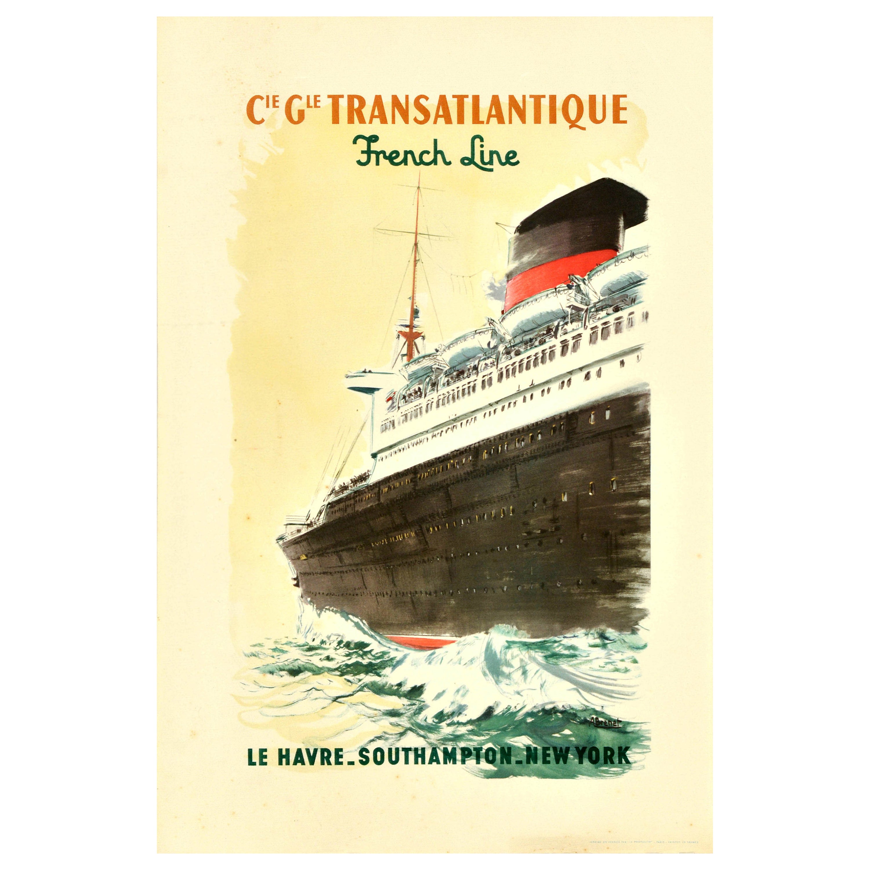 Original Vintage Travel Poster Transatlantique French Line Le Havre Southampton  For Sale