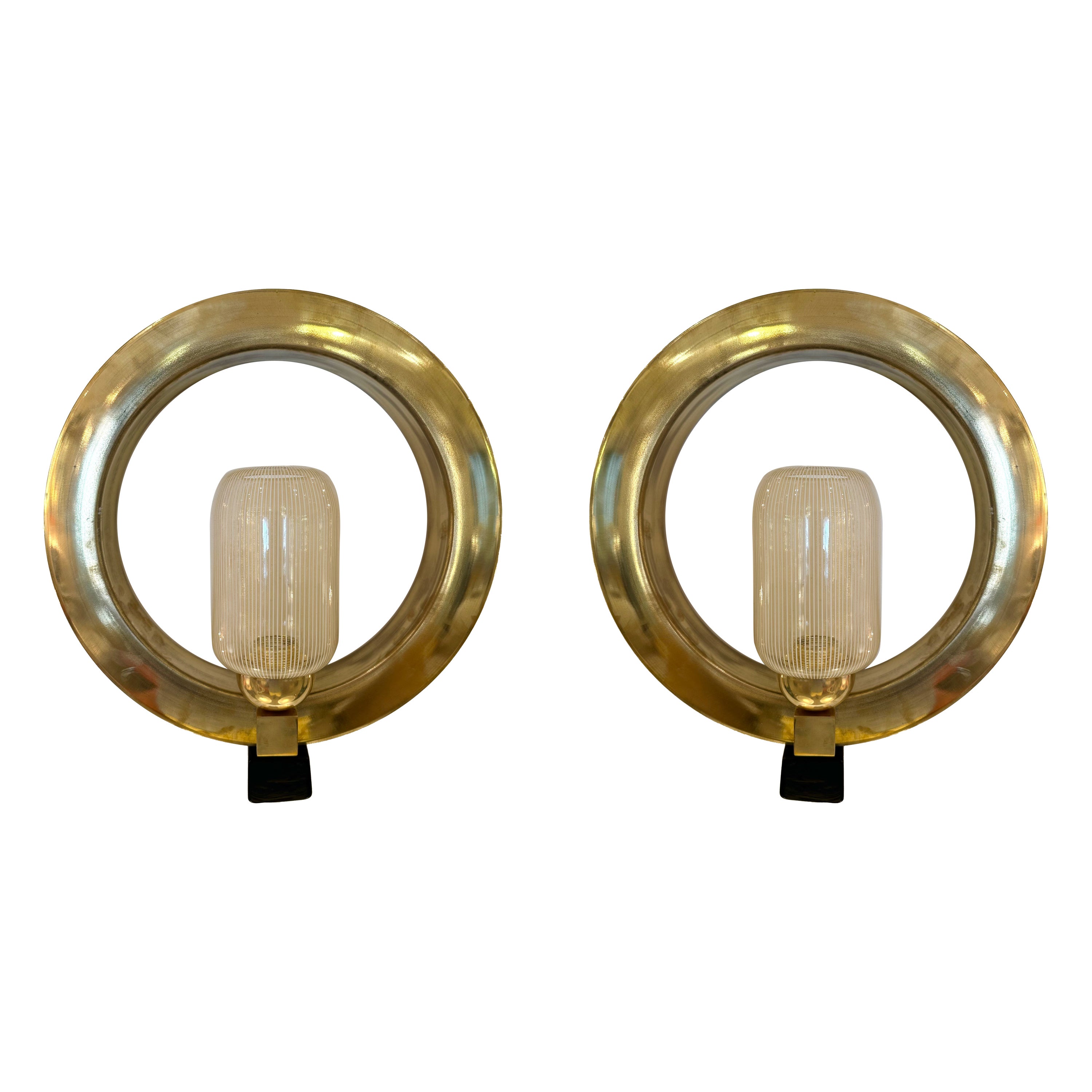 Contemporary Pair of Circle Brass and Murano Glass Sconces, Italy For Sale