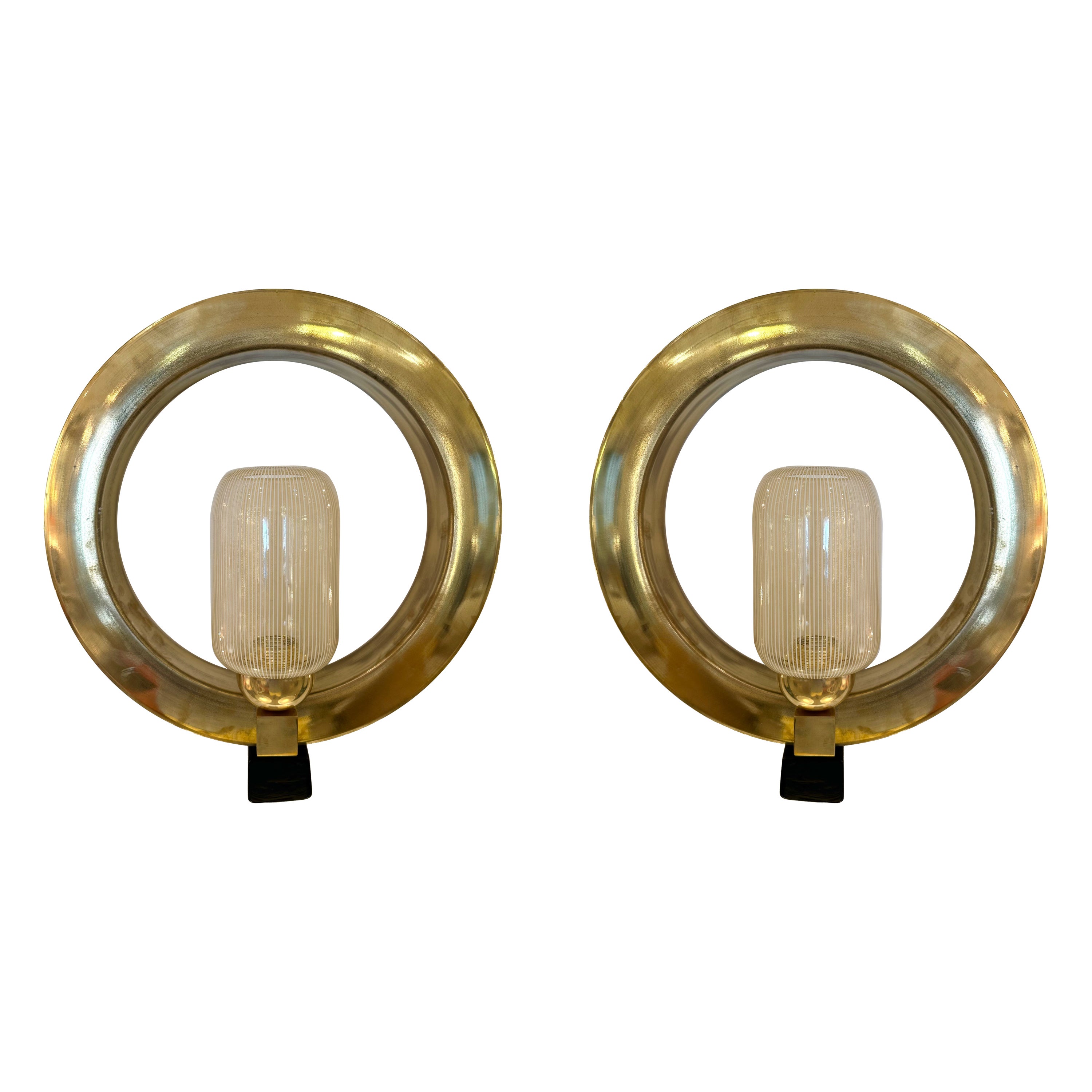 Contemporary Pair of Circle Brass and Murano Glass Sconces, Italy