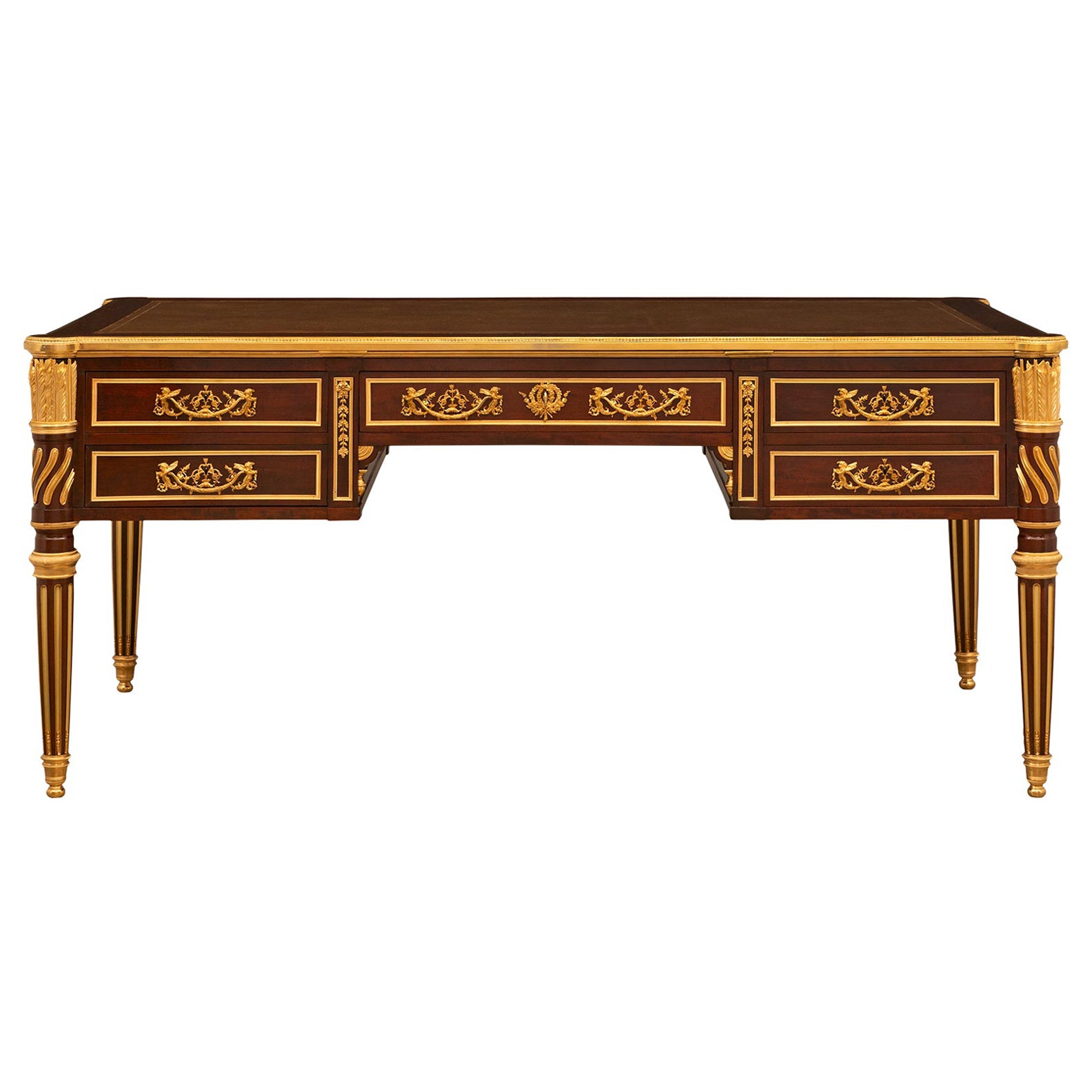 Bureau français du 19ème siècle de style Louis XVI en acajou et ornementation de bronze doré