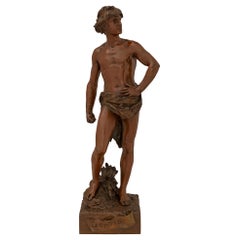 Antique French 19th Century Patinated Bronze Statue Of A Young David Signed A Gaudez