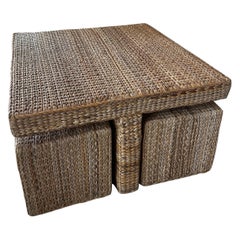 Vintage Palm Beach Seagrass Coffee Cocktail Table with 4 Benches Stools