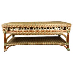 Green and Tan Rattan Rectangular Coffee Table