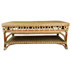 Green and Tan Rattan Rectangular Coffee Table