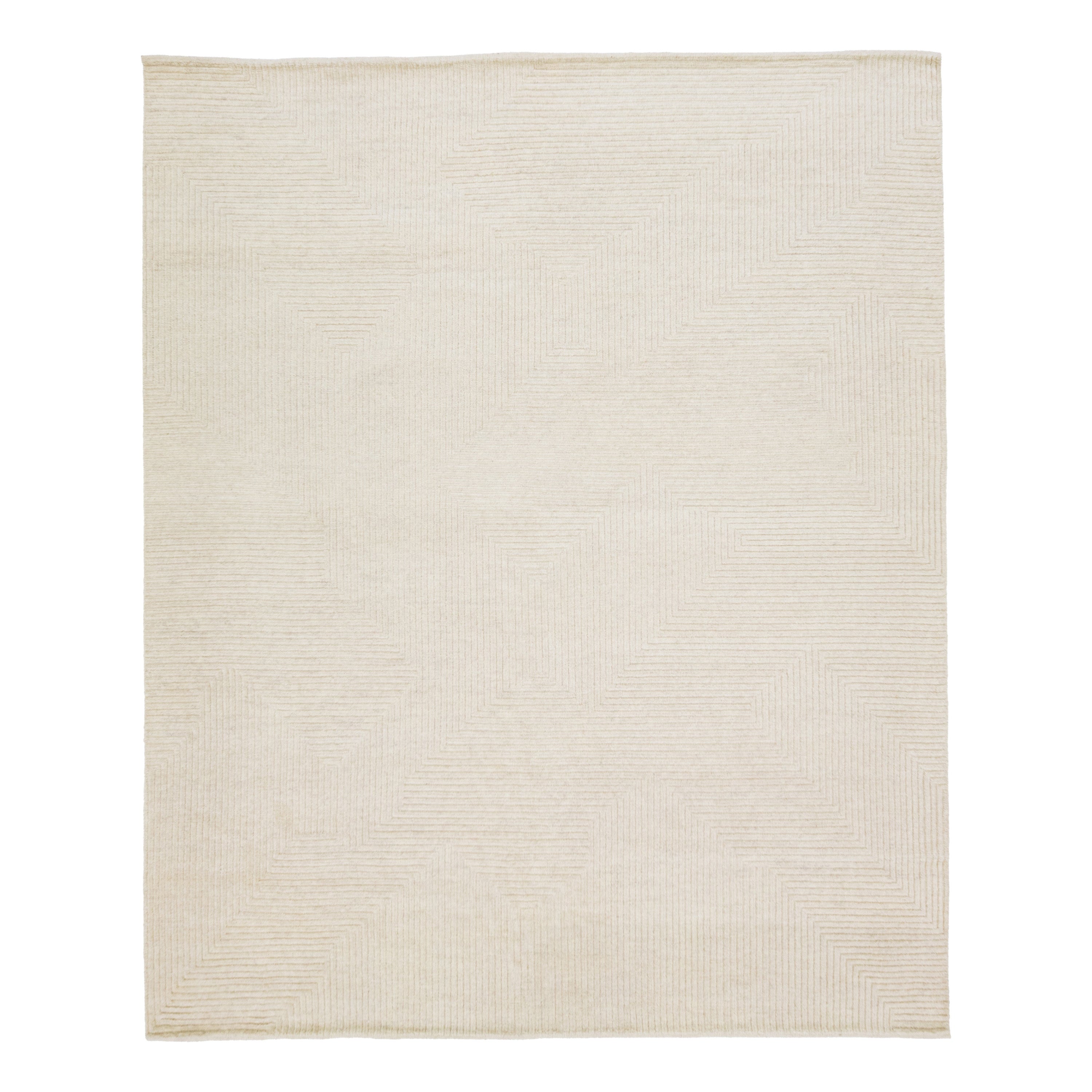 Handmade Moroccan Style Beige Wool Rug With Minimalist Design For Sale