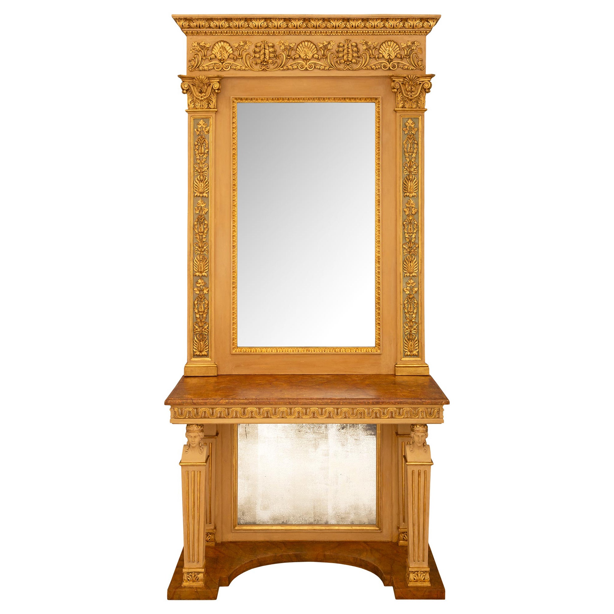 Italian 19th Century Neo-Classical St. Faux Painted Marble Console & Mirror For Sale