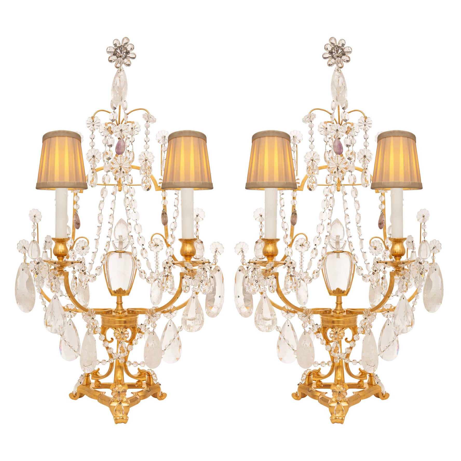 Paire de lampes Girondoles en cristal de roche et bronze doré de style Louis XVI du XIXe siècle