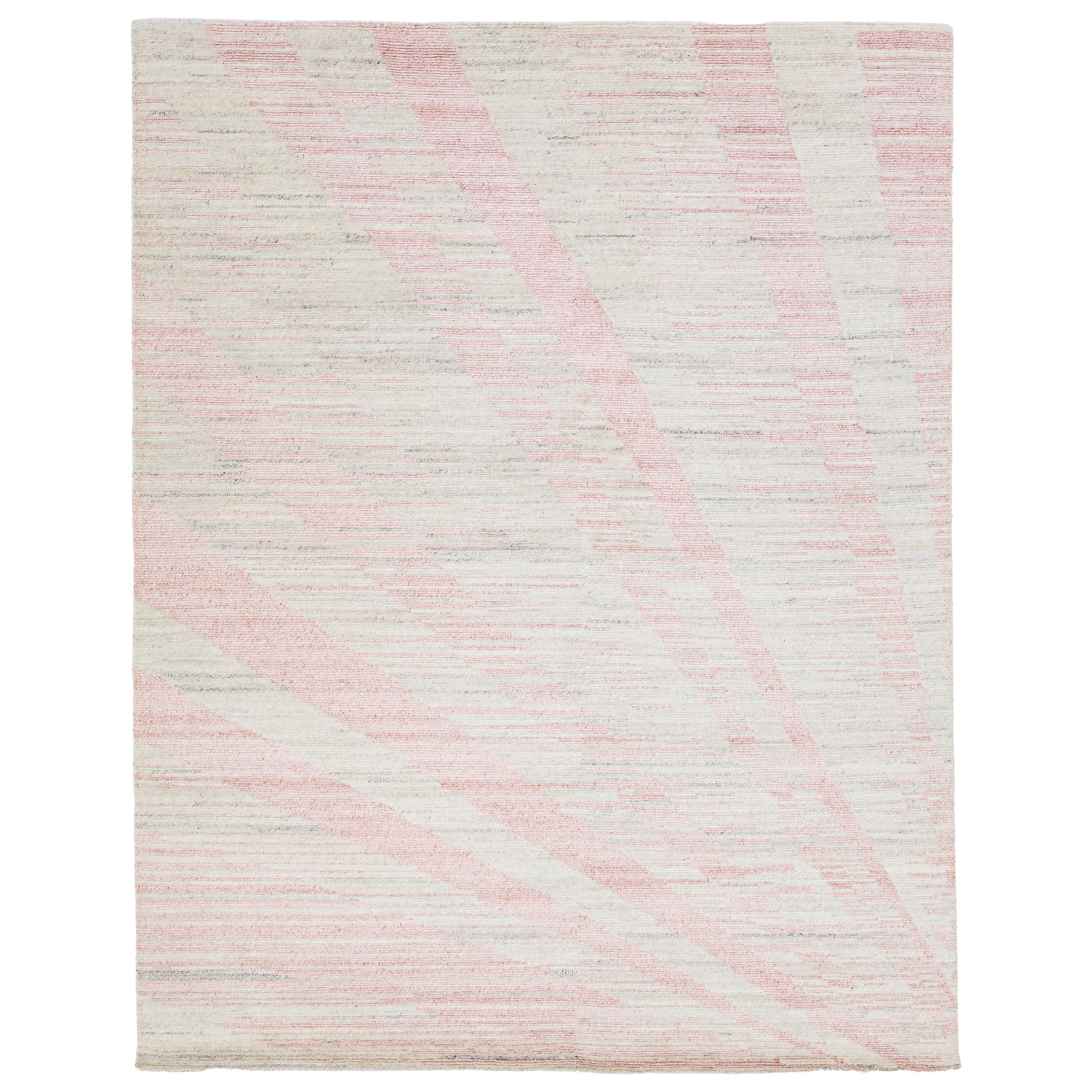 Art Deco Modern Handmade Wool Rug with Beige and Pink Design For Sale