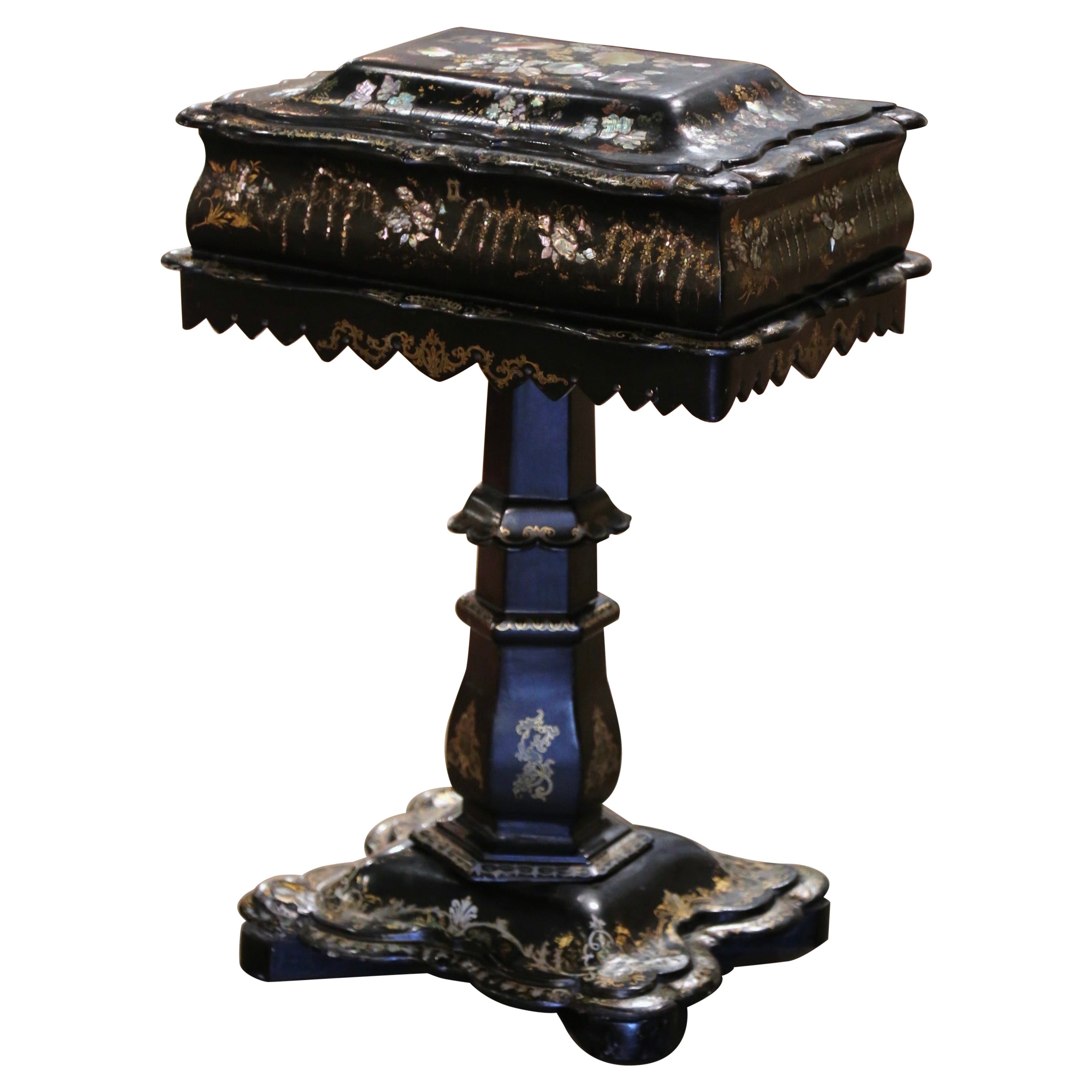 19th Century English Black Lacquered Mother of Pearl Paper Mache Sewing Table For Sale