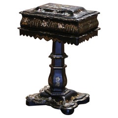 19th Century English Black Lacquered Mother of Pearl Paper Mache Sewing Table