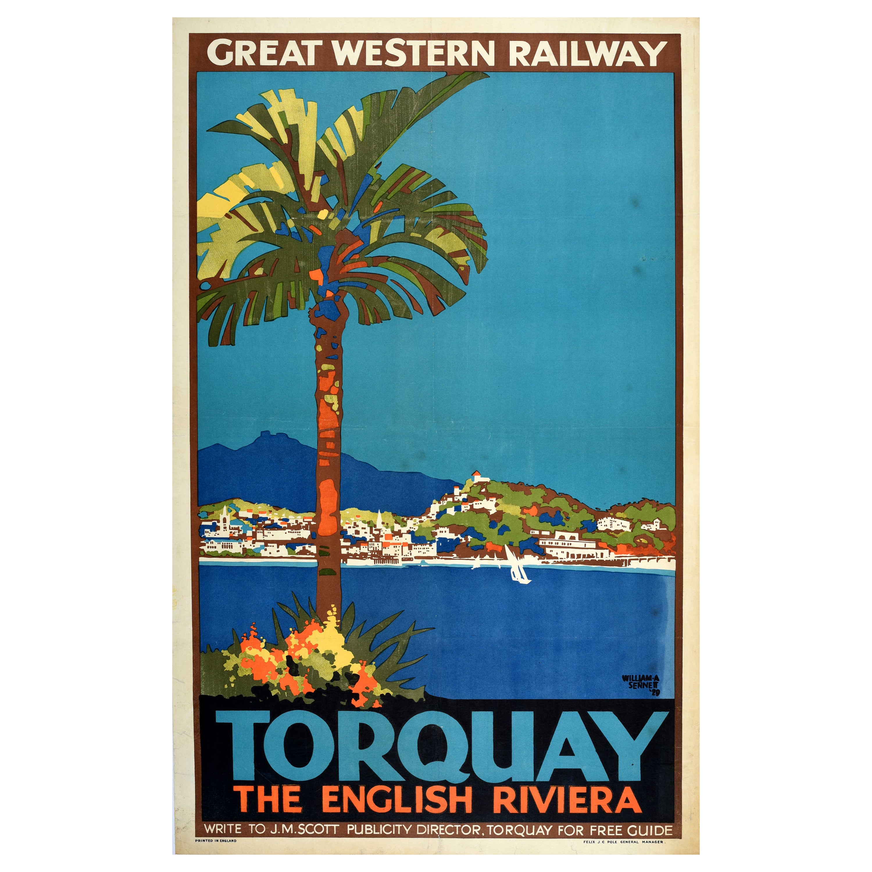 Original Vintage Great Western Railway Poster Torquay Devon Riviera Art Deco