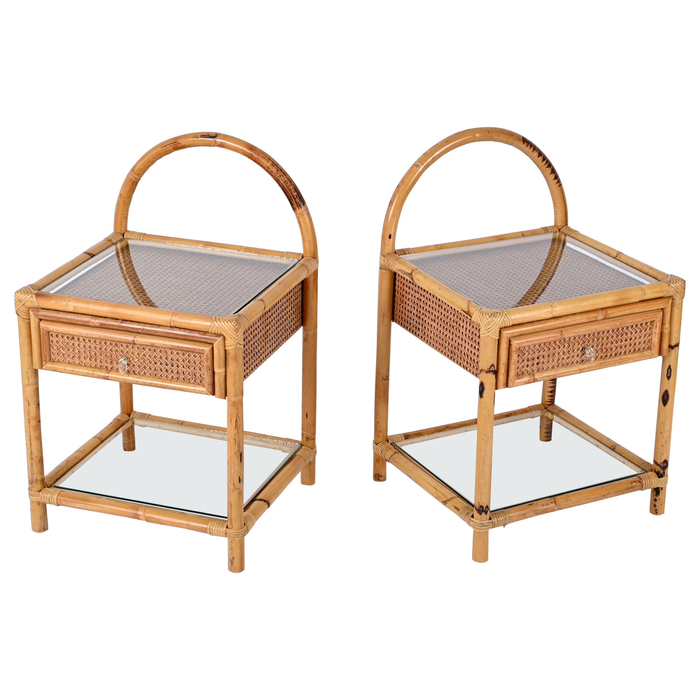 Pair of Mid-Century Bamboo, Rattan and Wicker Italian Bedside Tables, 1970s