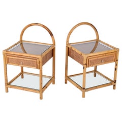 Vintage Pair of Mid-Century Bamboo, Rattan and Wicker Italian Bedside Tables, 1970s