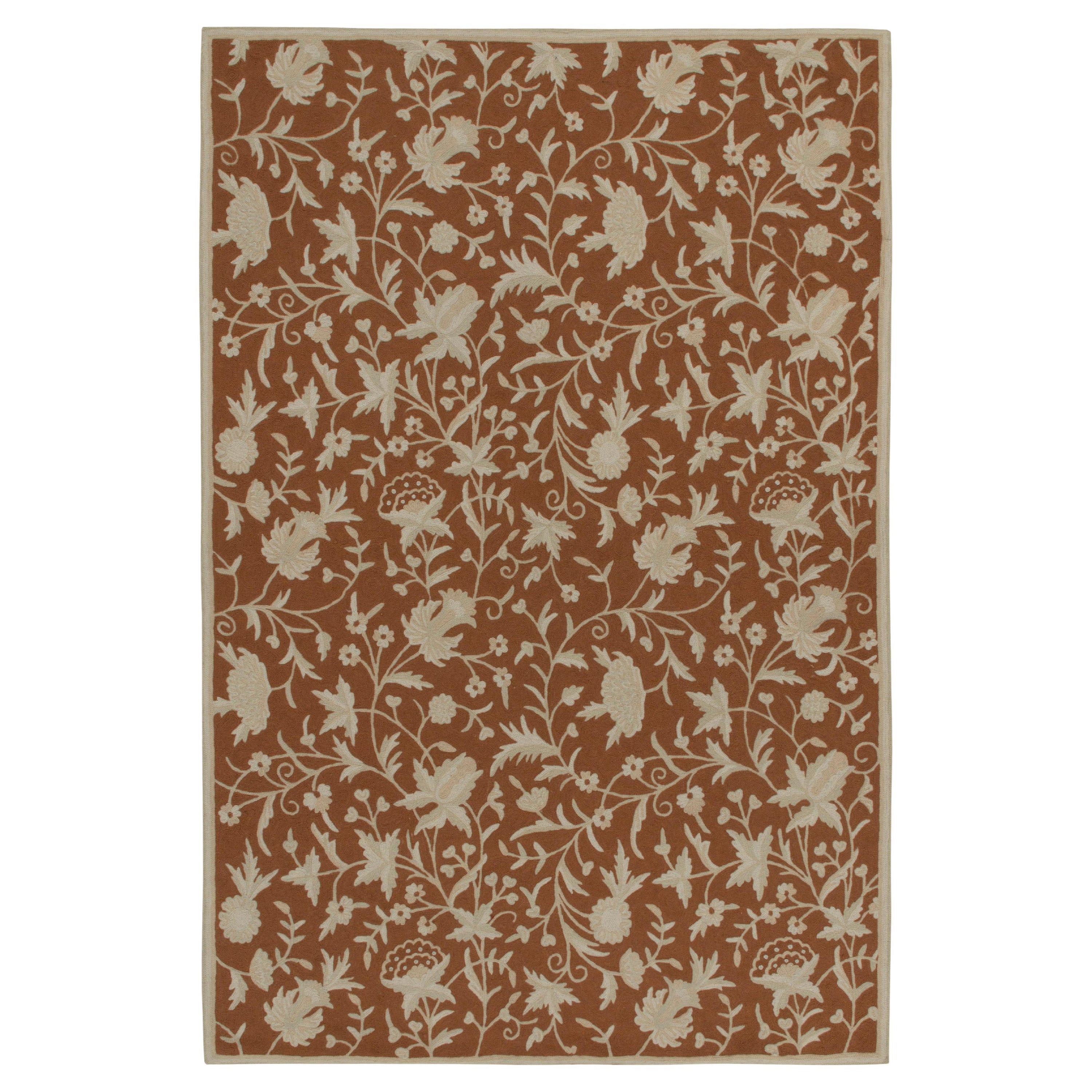 Rug & Kilim’s Contemporary Flat Weave in Brown with Beige Floral Patterns For Sale