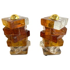 Pair of Amber Glass Cube Lamps by Poliarte, Italy, 1970s