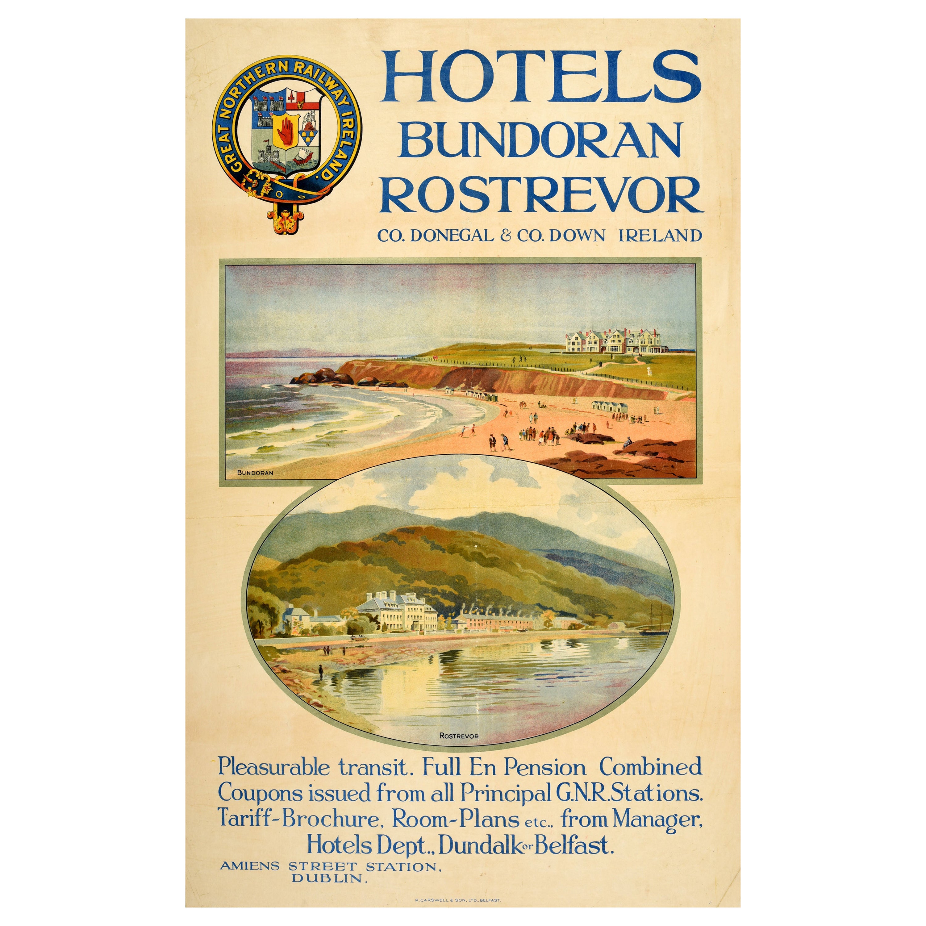 Original Antique Travel Poster Great Northern Railway Ireland Hotels Bundoran