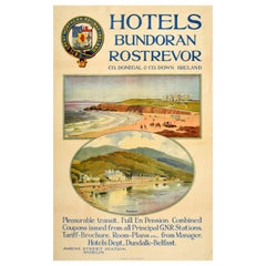 Affiche de voyage ancienne originale Great Northern Railway d'Irlande, hôtel Bundoran