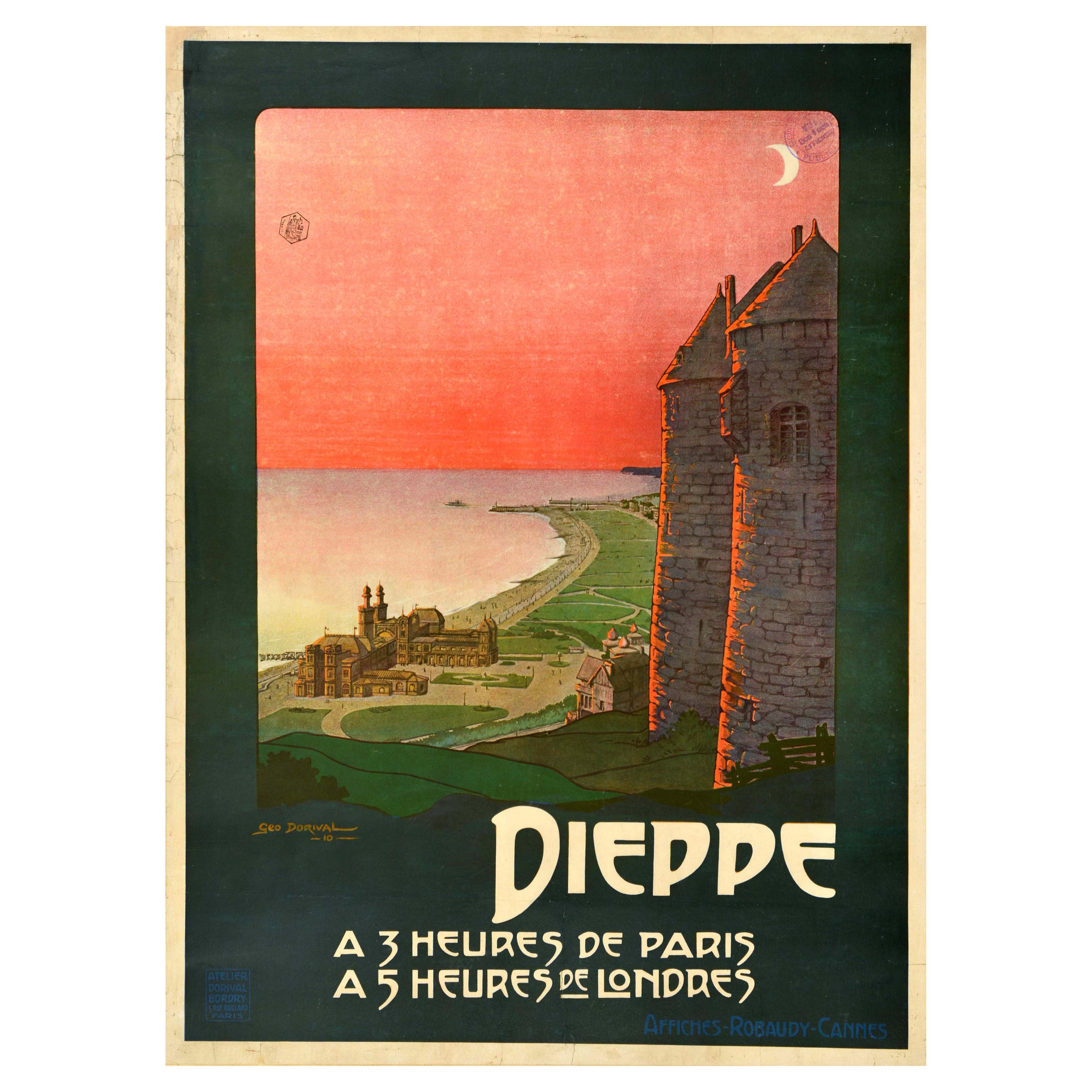 Affiche de voyage originale et ancienne de Dieppe, château de Normandie, France, Geo Dorival en vente