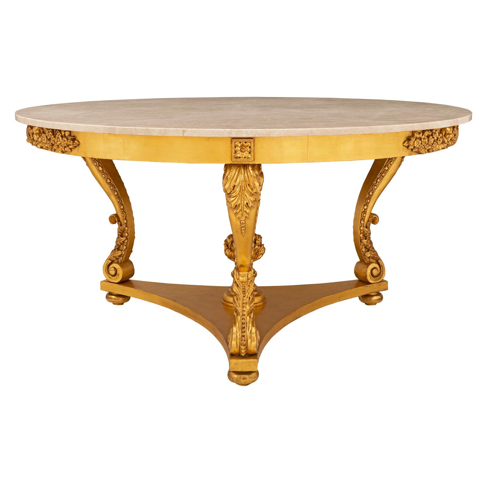 Table centrale italienne Louis XVI du 19ème siècle en bois doré et pierre d'albâtre en vente