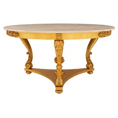 Table centrale italienne Louis XVI du 19ème siècle en bois doré et pierre d'albâtre