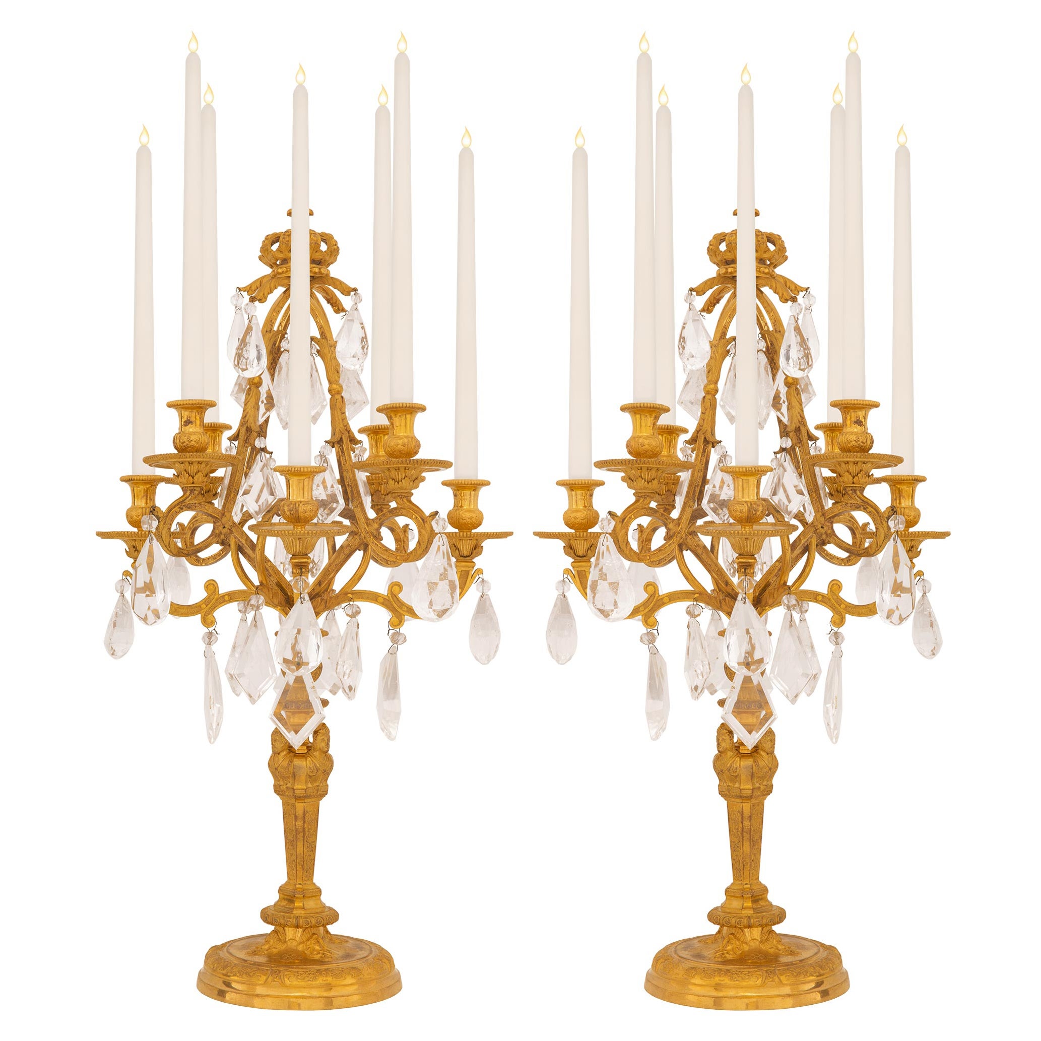 Pair Of French 17th Century Louis XIV Period Ormolu And Rock Crystal Candelabras For Sale