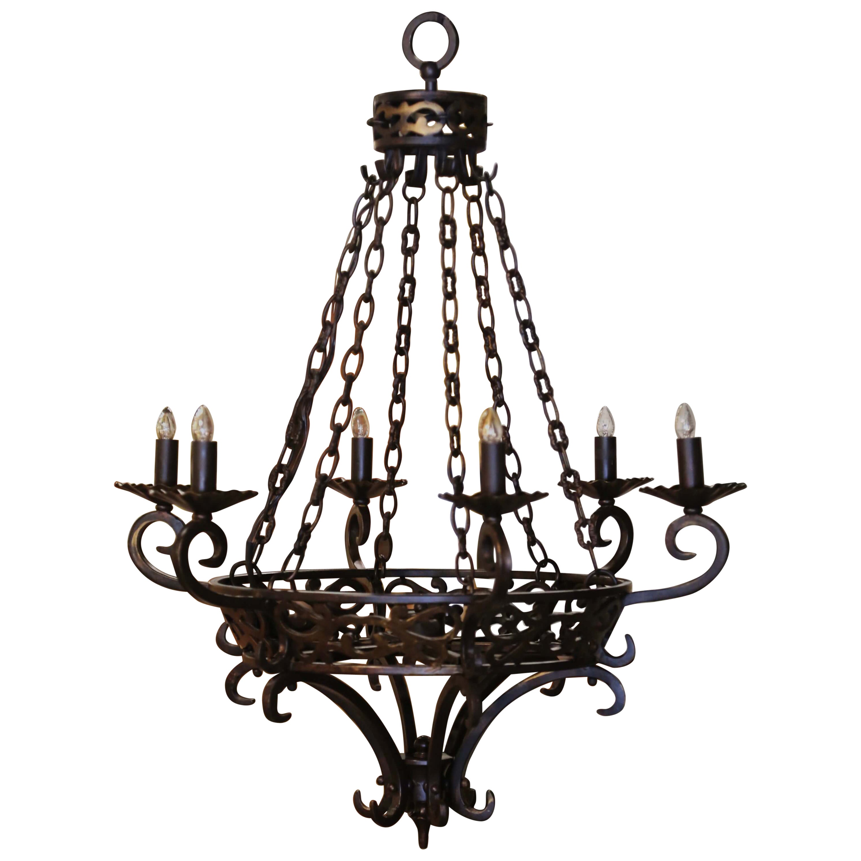 Mid-Century French Gothic Wrought Iron Six Light Chandelier For Sale