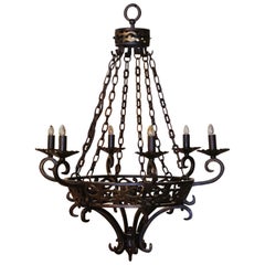 Antique Mid-Century French Gothic Wrought Iron Six Light Chandelier