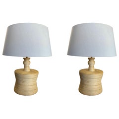 Rattan Pair Finial Shaped Lamps With Shades, China, Contemporary