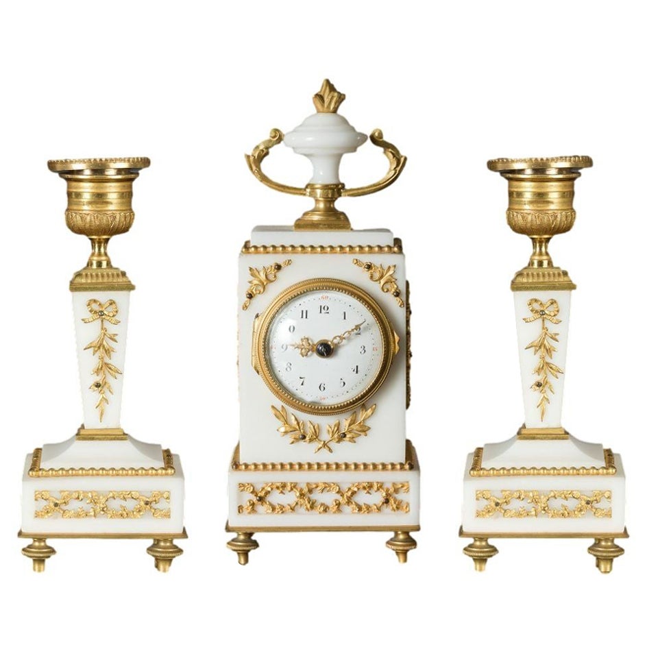 French Miniature White Marble Clock Garniture For Sale